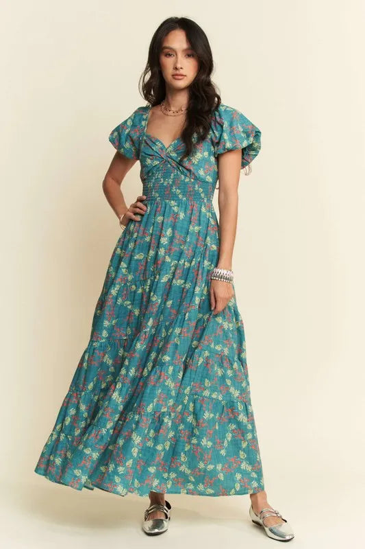 Lightweight Sweetheart Neck Textured Tiered Maxi Dress in Teal Green - product view 1