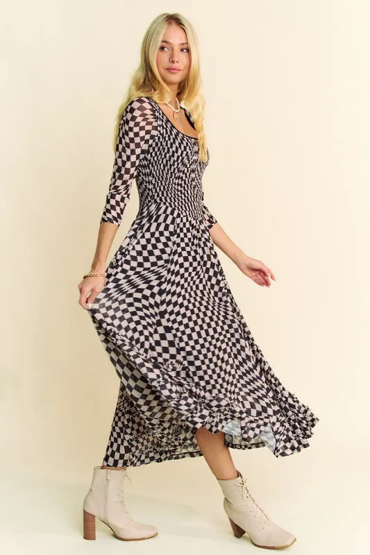 Printed Checker Mesh Flowy Maxi Dress in Black - product view 4