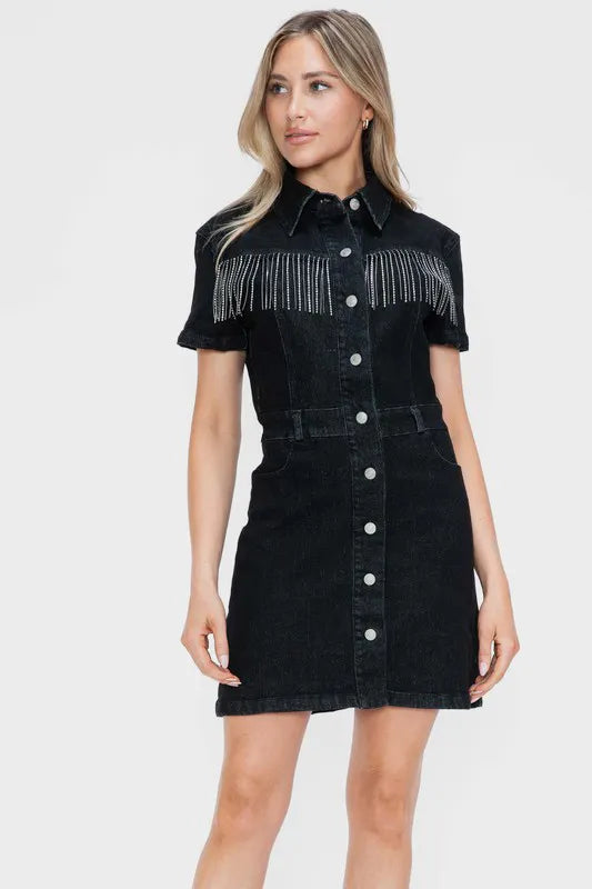 Full Size Embellished Button Down Short Sleeve Denim Dress in Black - product view 1