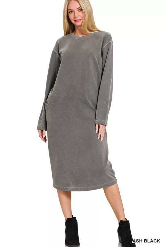 Soft Fleece Pigment Dye Sweatshirts Dress - Ash Black - product view 1