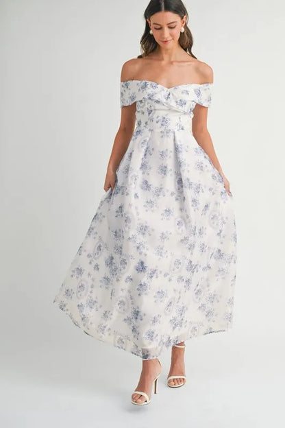 Floral Printed Off Shoulder Maxi Dress in Blue - product view 6