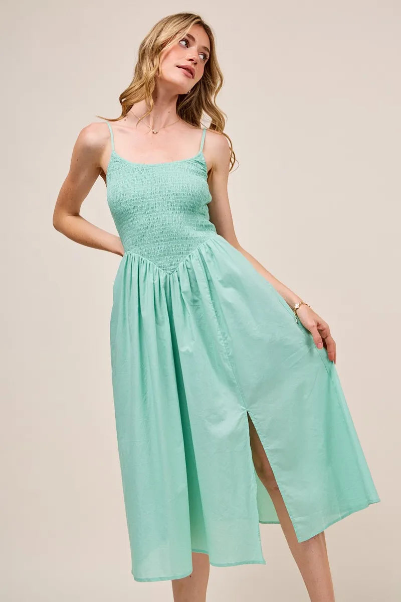 Smocked Sleeveless Casual Everyday Dress With Slit - Sage - product view 7