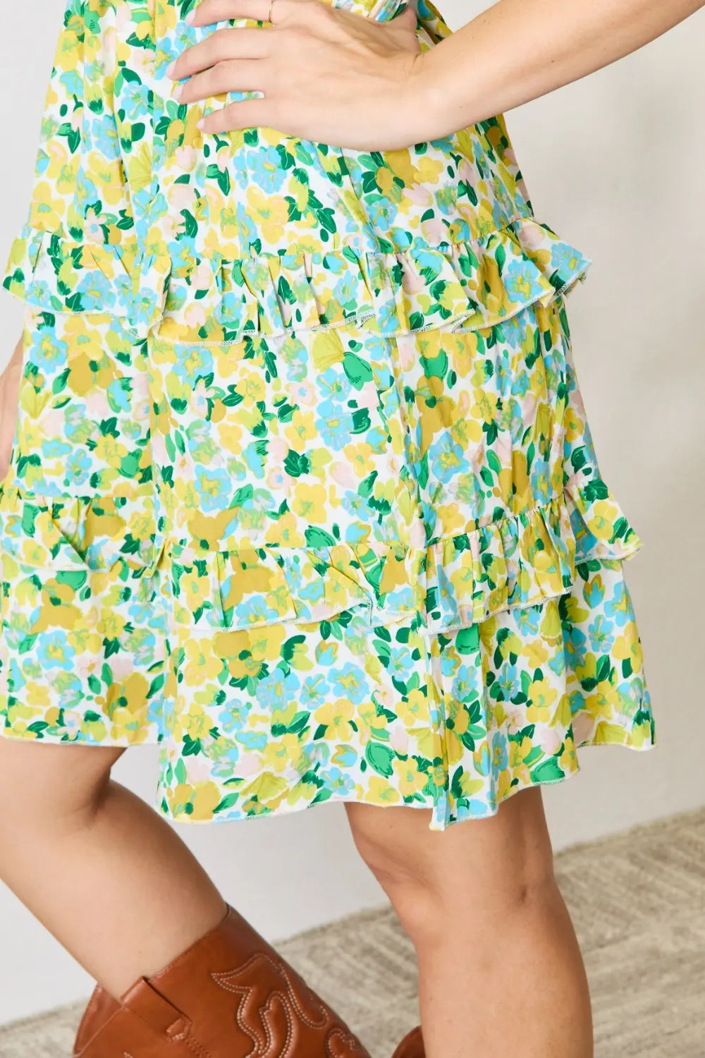 Smocked Scoop Neck Flounce Sleeve Mini Dress in Yellow - product view 7