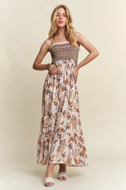Smocked Printed Square Neck Tie Shoulder Cami Dress - Ivory - product view 5