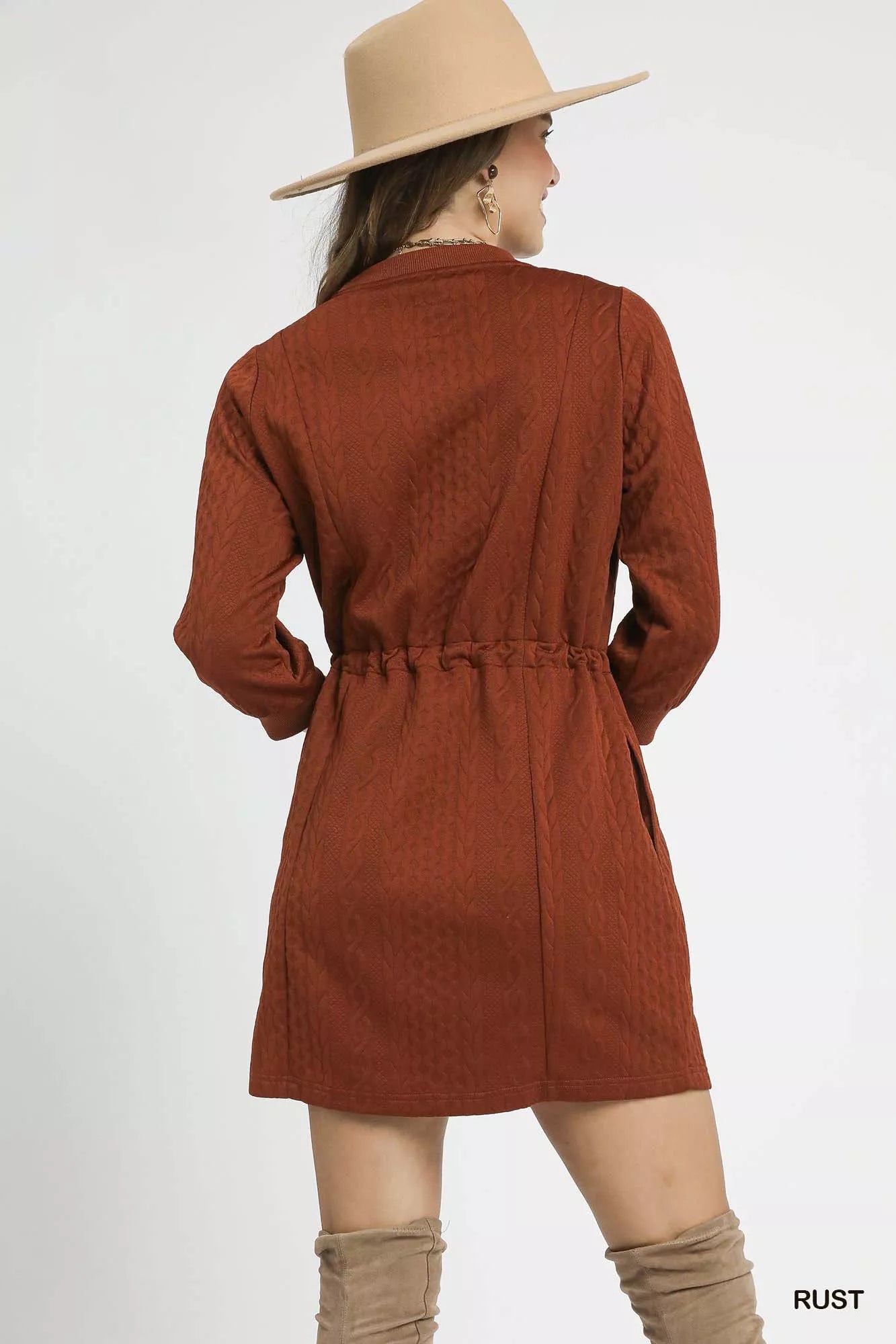 Drawstring Cable Knit Mini Dress with Pockets - Rust - product view 3