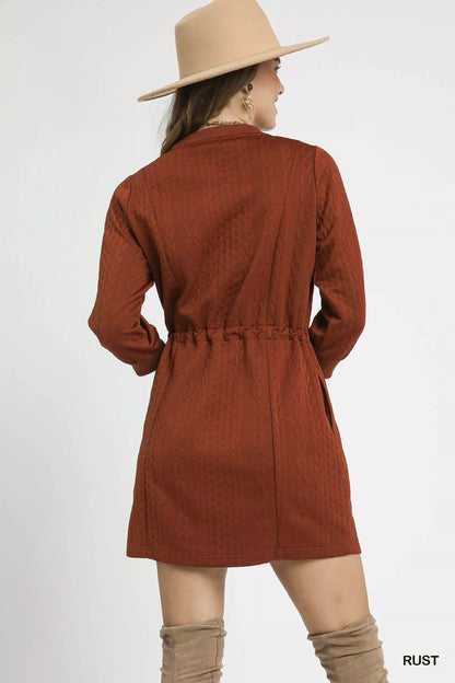 Drawstring Cable Knit Mini Dress with Pockets - Rust - product view 3