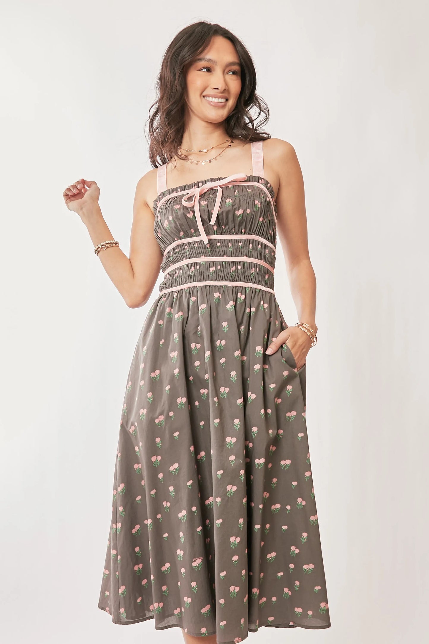 Contrast Velvet Tape Smocking Bodice Midi Dress in Mocha Brown - product view 6
