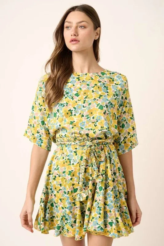 Floral Tie Waist Half Sleeve Mini Dress in Yellow Combo - product view 4