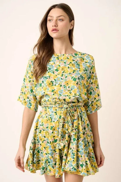 Floral Tie Waist Half Sleeve Mini Dress in Yellow Combo - product view 4