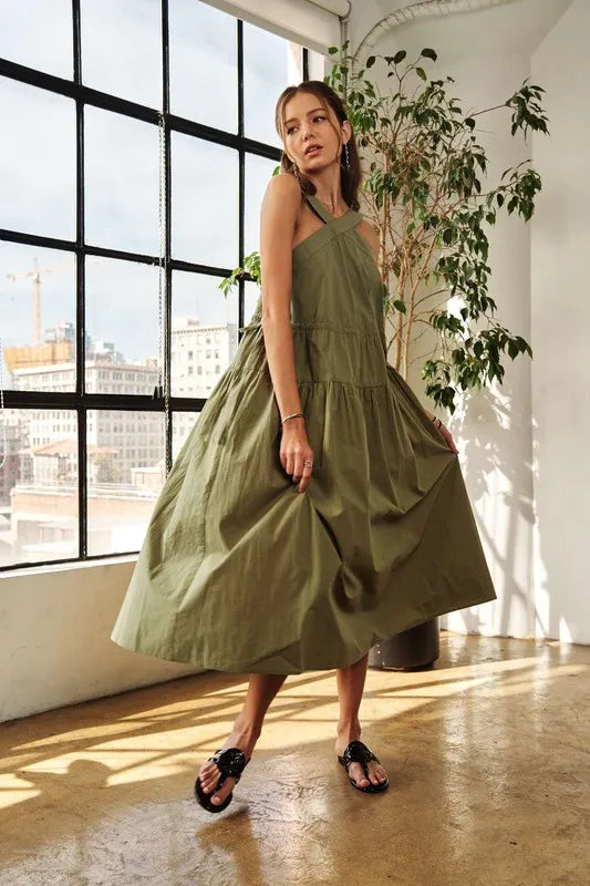 Crisscross Wide Strap Drawstring Detail Midi Dress in Moss - product view 7