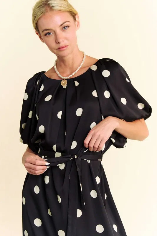 Polka Dot Puff Sleeves Waist Tie Midi Dress in Black - product view 6