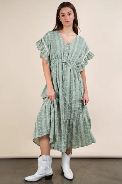Embroidered Boho Ruffled Midi Dress - Sage - product view 2