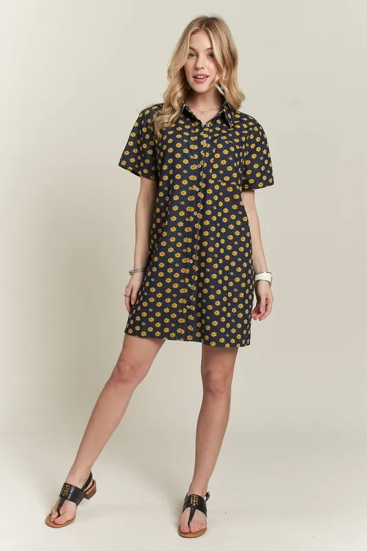 Floral Button-Up Mini Denim Dress in Dark - product view 5