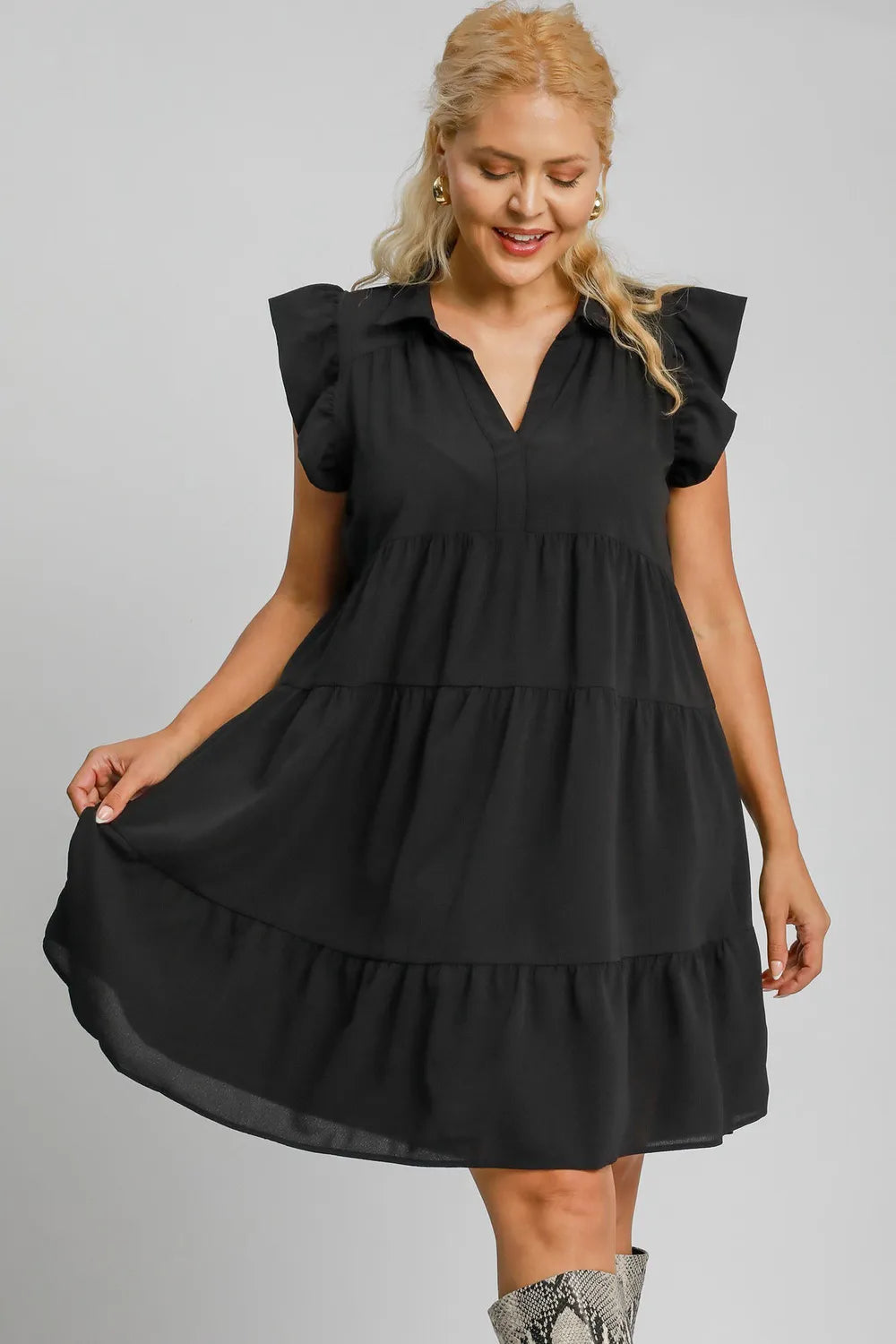 Full Size Johnny Collar Ruffle Cap Sleeve Tiered Dress Plus Size - Black - Umgee USA - Style 81963 - product view 5