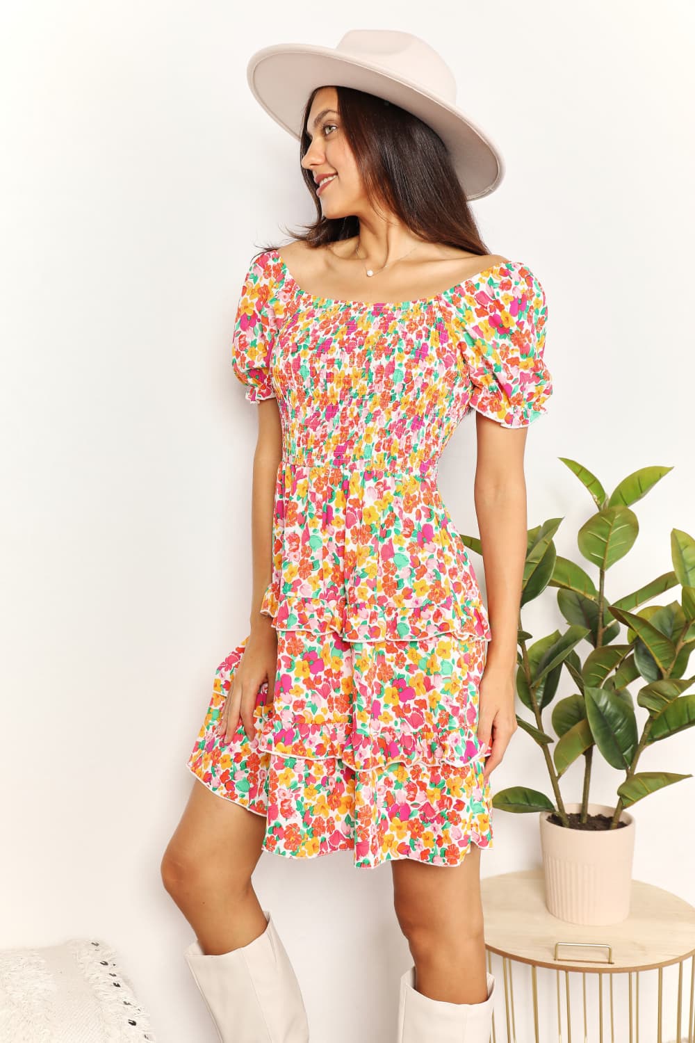 Smocked Sweetheart Neck Flounce Sleeve Mini Dress in Strawberry - product view 4