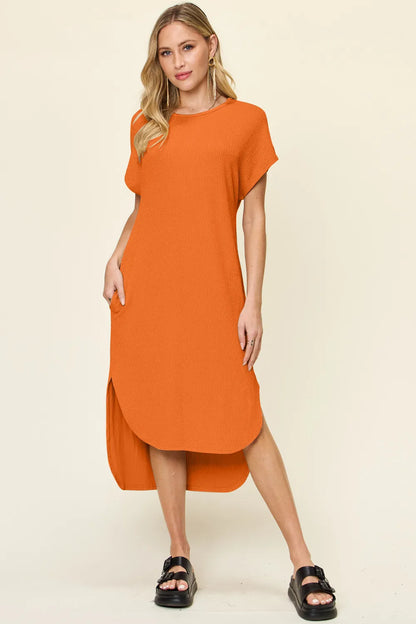Full Size Round Neck Short Sleeve Slit Dress in Sky Blue and Tangerine - product view 5
