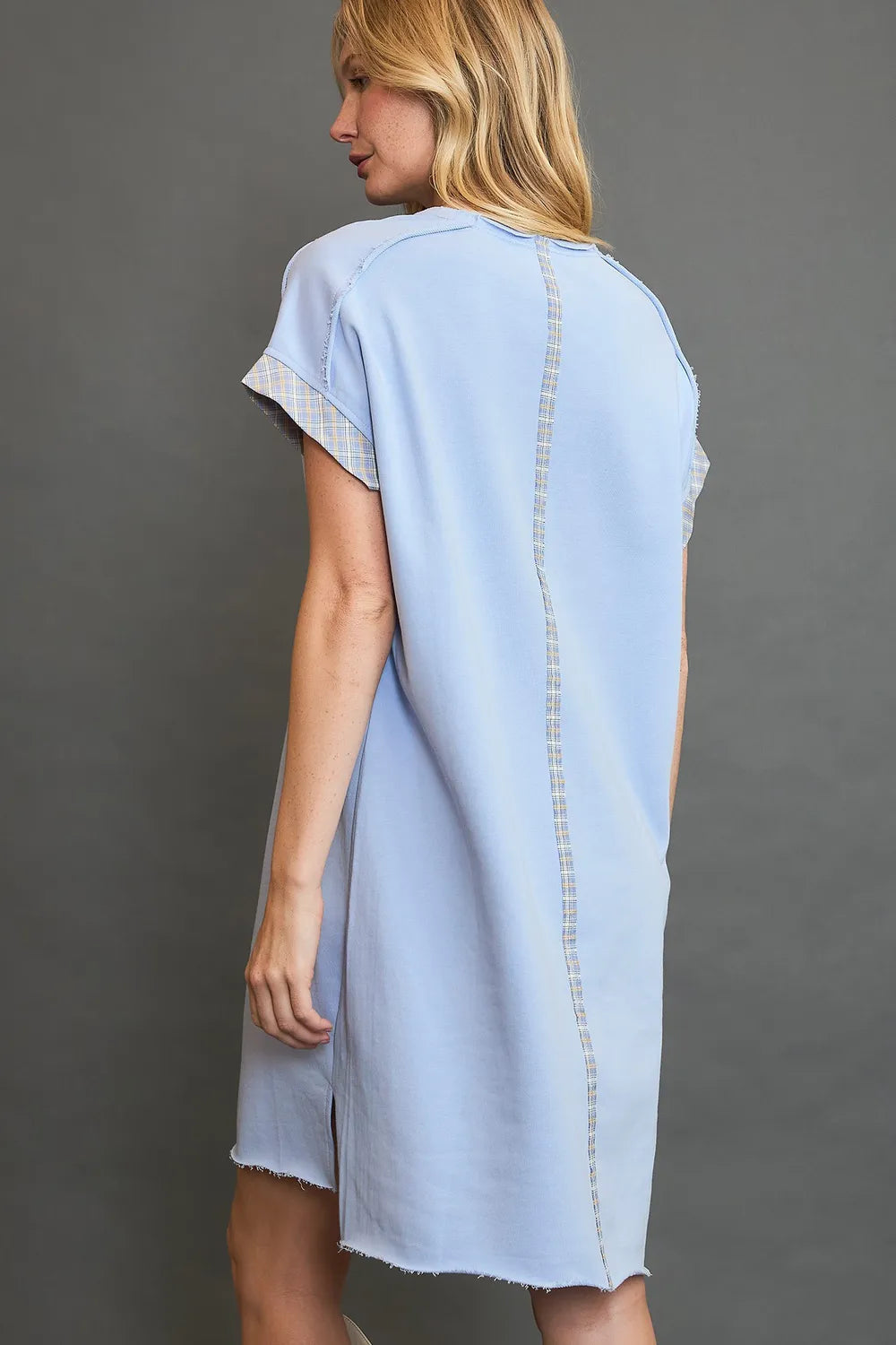 Peace Plaid Applique Short Sleeve Mini Dress - Light Blue - product view 2