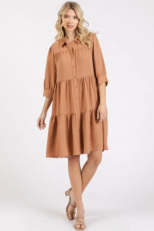 Button Detail Collared Neck Tiered Shirt Dress - Ochre - product view 4