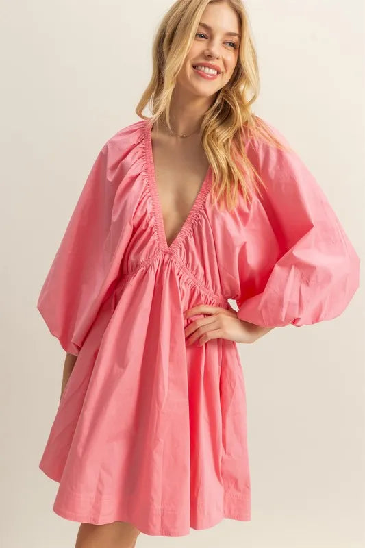 Plunge Balloon Sleeve Poplin Mini Dress with Pockets in Coral - product view 2