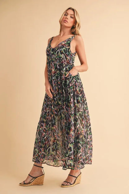 Printed V-Neck Frill Tiered Cami Dress in Black Multicolor - product view 6