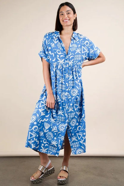 Plus Size Oversized Printed Shirt Midi Dress in Blue Mix - product view 1