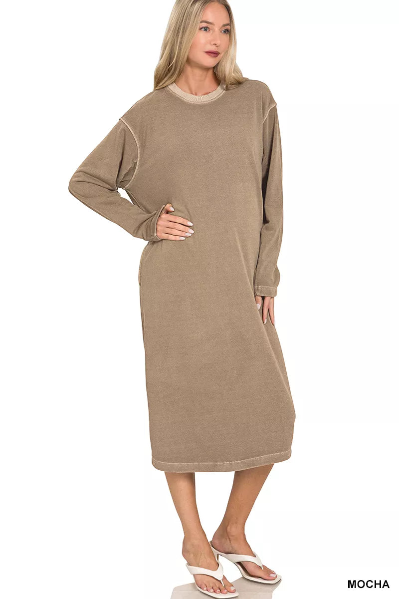 Soft Fleece Pigment Dye Sweatshirts Dress - Mocha - product view 1
