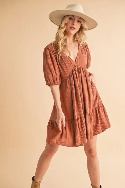 Tied Back Ruffled Short Sleeve Mini Dress - Terracotta - product view 3