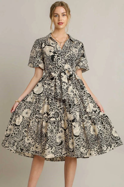 Full Size Mixed Print A-Line Tiered Midi Dress Plus Size in Black - product view 1