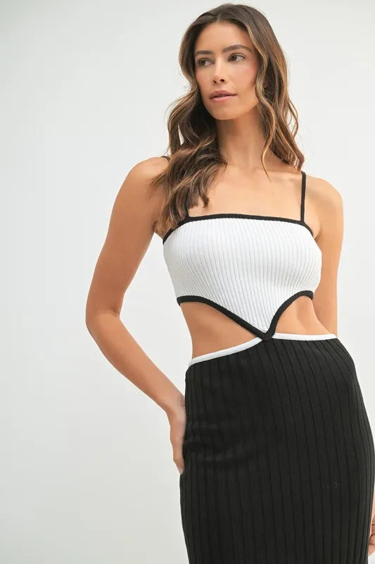 Ribbed Knit Color Block Cutout Midi Dress - Black - product view 10