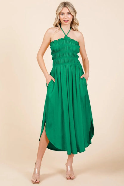 Tie Back Shirring Dress with Pockets - Green Pop - product view 1