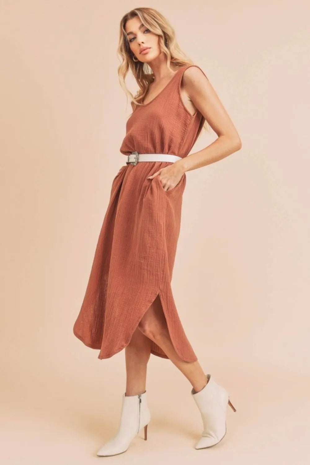 Round Neck Midi Tank Dress with Pockets - Terracotta - product view 2