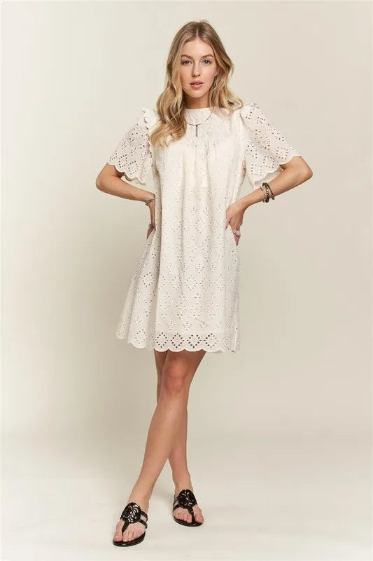 Ruffled Eyelet Round Neck Dress in Natural - product view 8