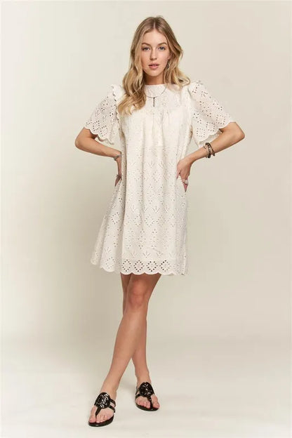 Ruffled Eyelet Round Neck Dress in Natural - product view 8