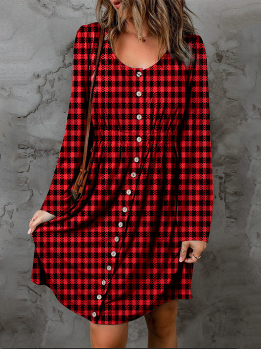 Full Size Plaid Round Neck Long Sleeve Magic Dress in Deep Red - product view 1