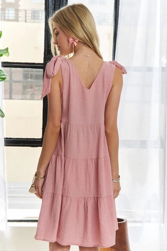 V-Neck Tie Shoulder Dress - Dusty Pink - product view 3