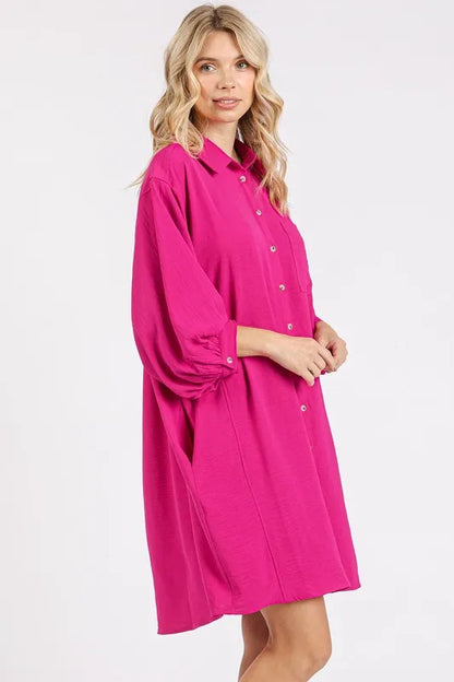 Airflow 3/4 Sleeve Buttoned Shirt Mini Dress in Hot Pink - product view 3