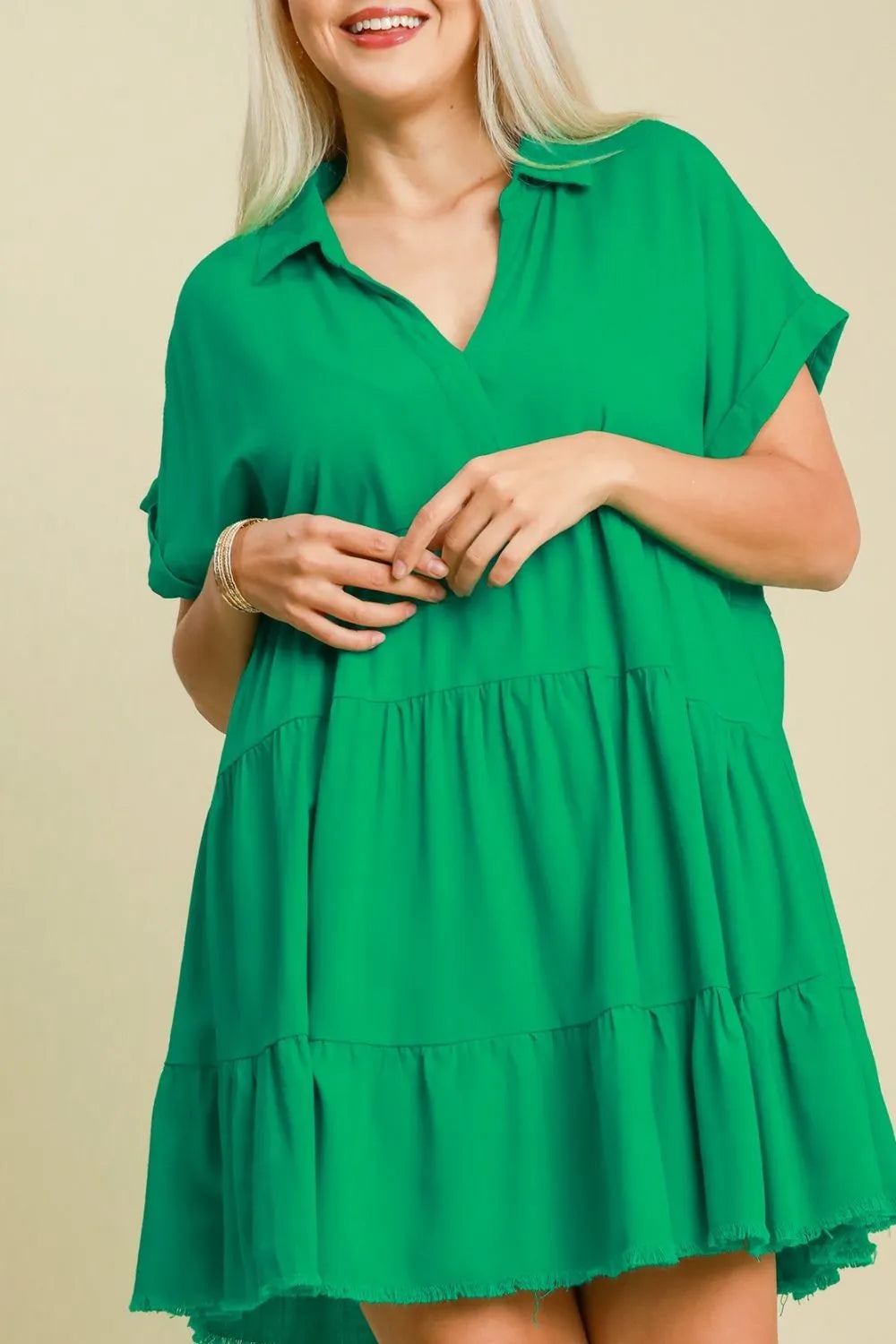 Full Size Raw Hem Folded Sleeve Tiered Dress Plus Size - Green - product view 3