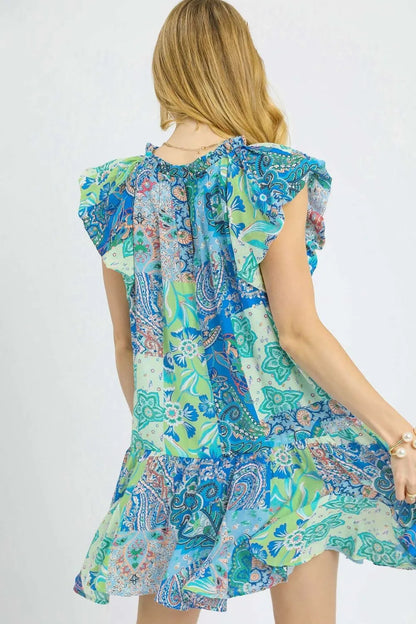 Printed Ruffle Cap Sleeve Mini Dress - Neon Green - product view 3