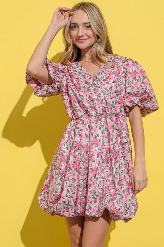 Full Size Floral Surplice Puff Sleeve Dress - Pink Multi - product view 2