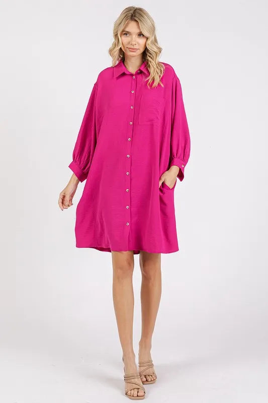 Airflow 3/4 Sleeve Buttoned Shirt Mini Dress in Hot Pink - product view 4