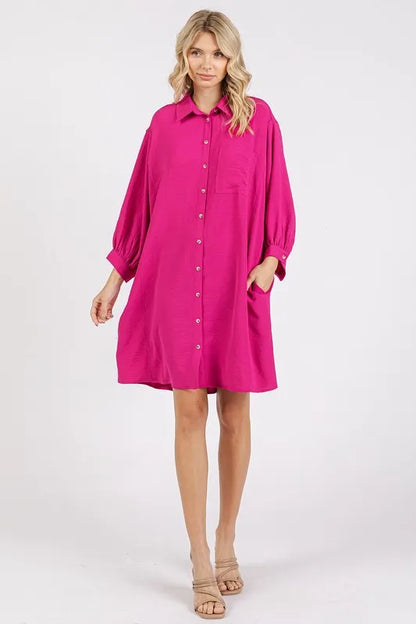 Airflow 3/4 Sleeve Buttoned Shirt Mini Dress in Hot Pink - product view 4
