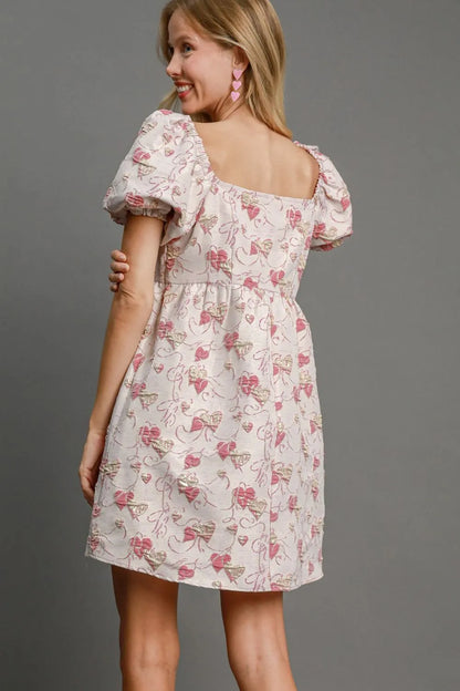 Heart Jacquard Square Neck Puff Sleeve Mini Dress - Pink - product view 2
