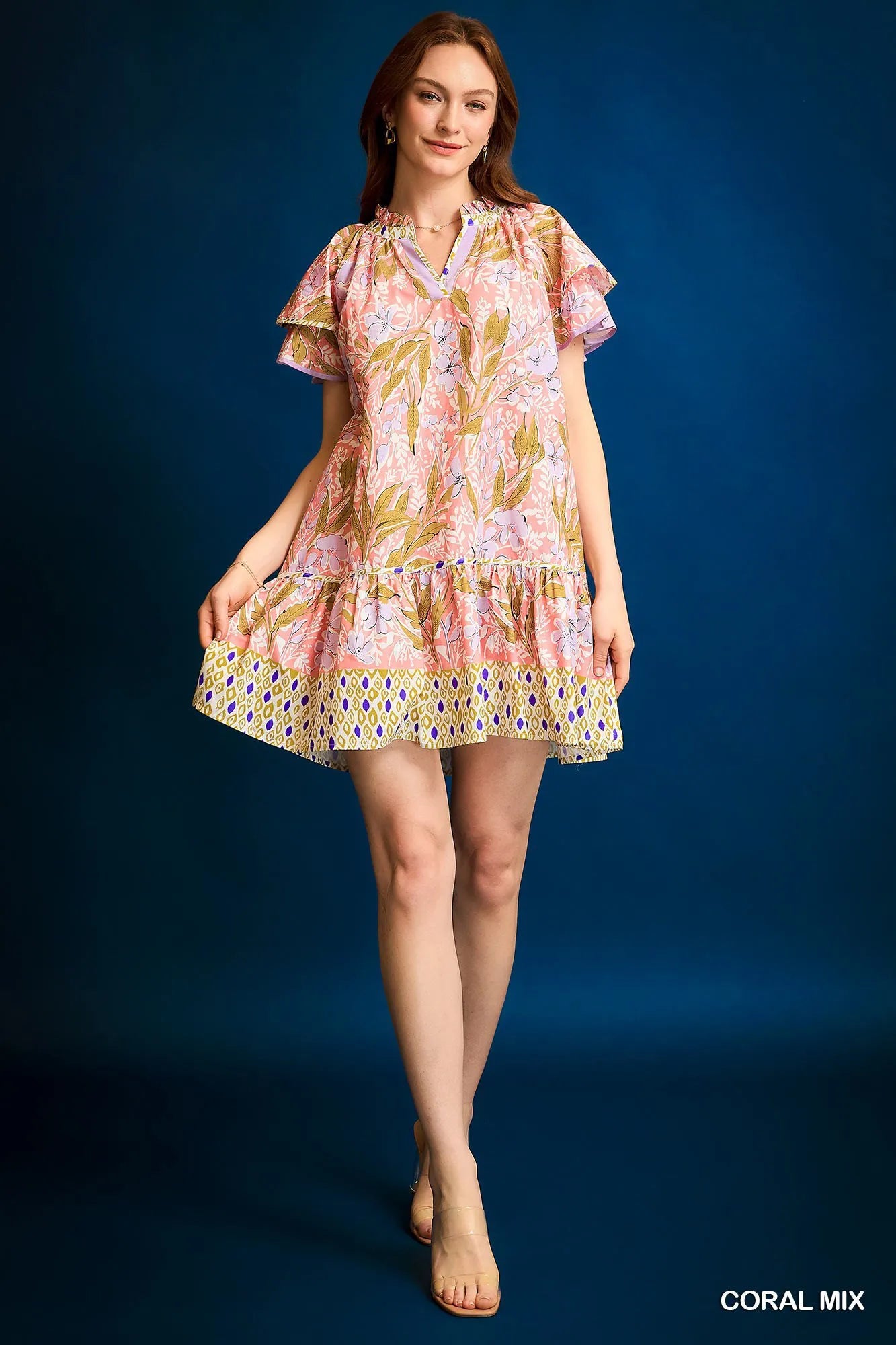 Floral Ruffle-Sleeve Tunic Dress in Coral Mix - product view 5
