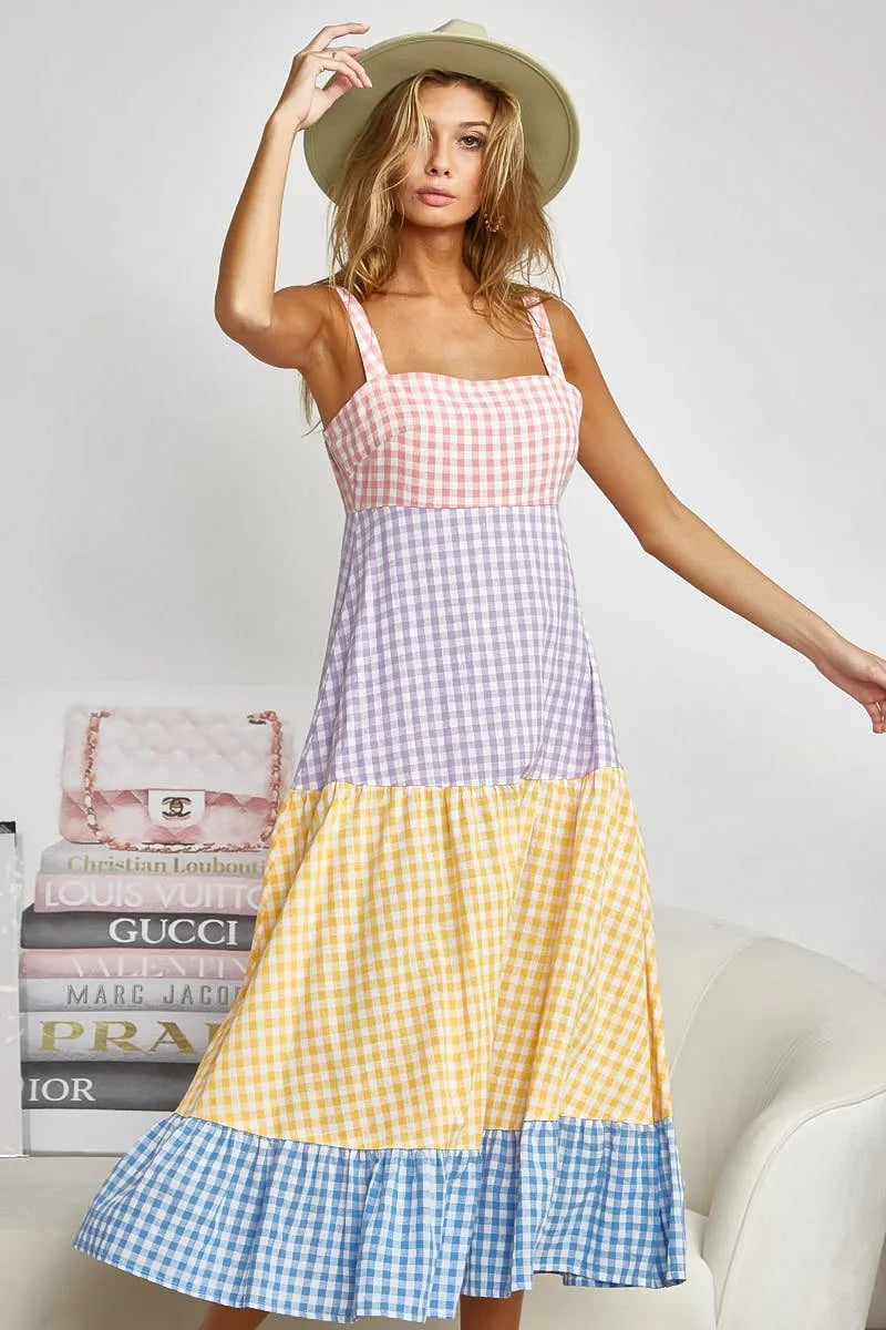 Color Block Tiered Gingham Dress in Yello/Sage/Blue/Purp - product view 6