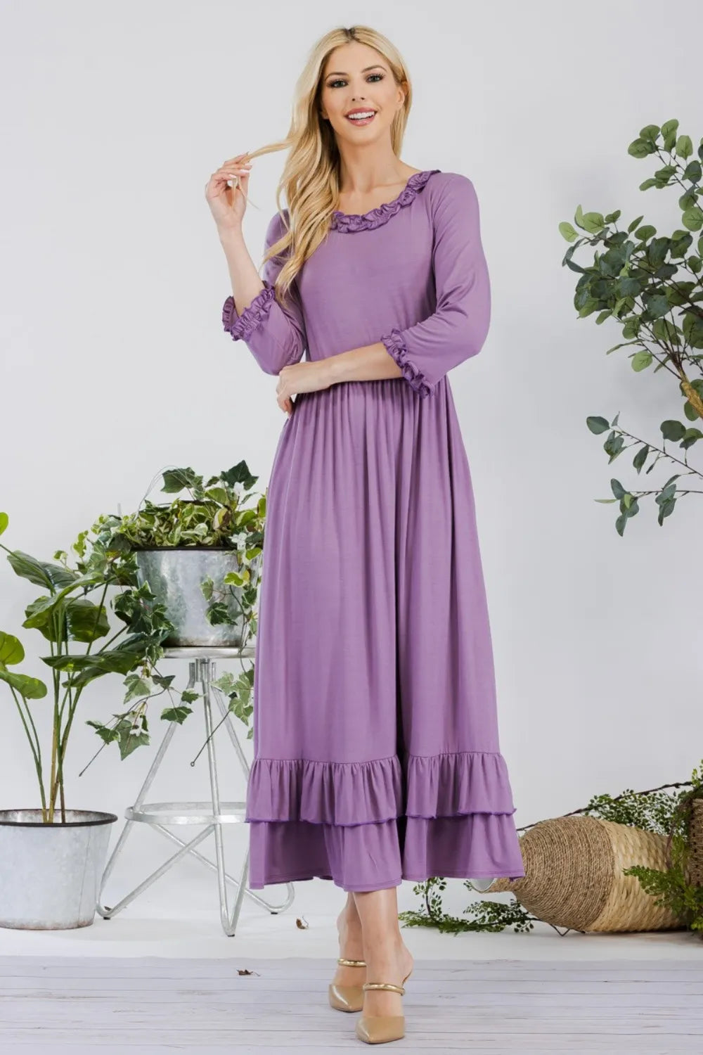Full Size Layered Ruffle Hem Dress with Pockets in Lilac - product view 4