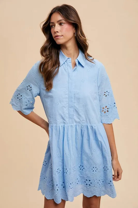 Embroidered Scallop Edge Detail Mini Shirt Dress - Sky - product view 2