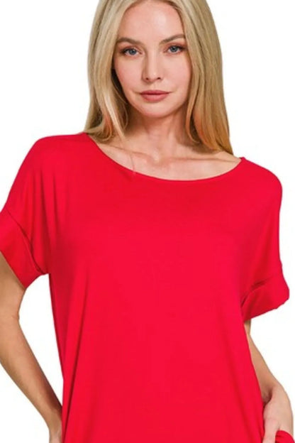 Rolled Short Sleeve Round Neck Dress - Ruby - product view 2