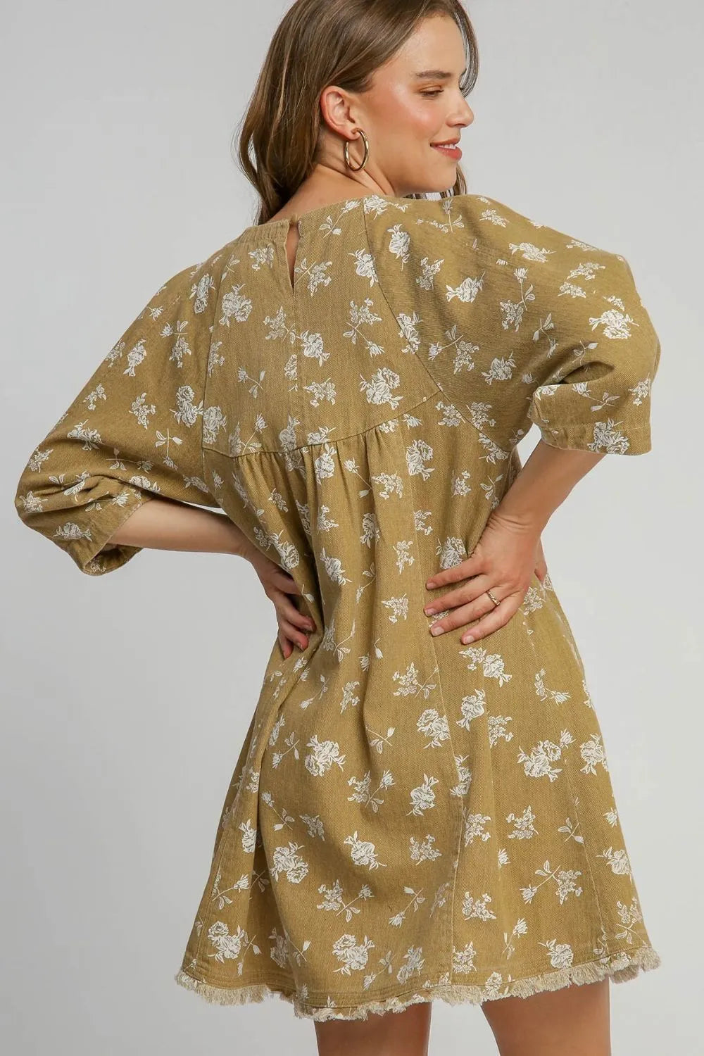 Raw Hem Floral Print Round Neck Denim Dress in Mocha - product view 2