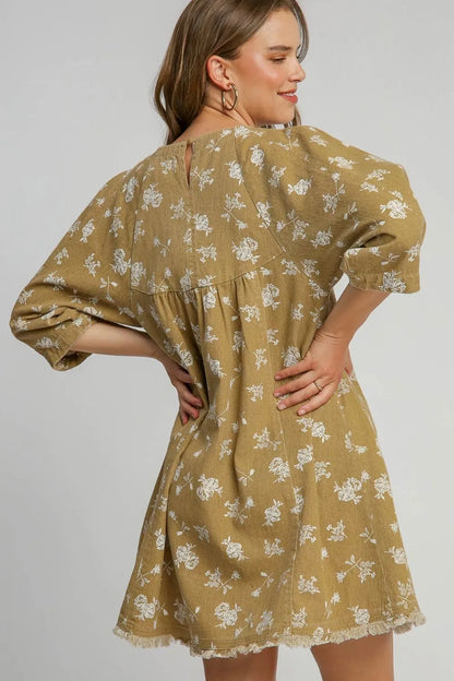 Raw Hem Floral Print Round Neck Denim Dress in Mocha - product view 2