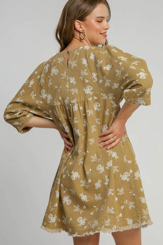 Raw Hem Floral Print Round Neck Denim Dress in Mocha - product view 2